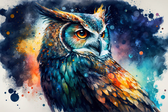 Surrealistic watercolor illustration of an owl, Owl in the wildlife, owl with rainbow feathers, generative ai