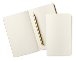 blank open notebook with elegant golden ballpoint, pen and separate ripped out page, copy space for your text, isolated design element, top view / flat lay