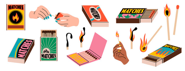 Cartoon flaming matches. Human hands light matchsticks, strike spark about box, packaging and labels, burning and extinct, contemporary elements for design, tidy vector cartoon flat set © YummyBuum