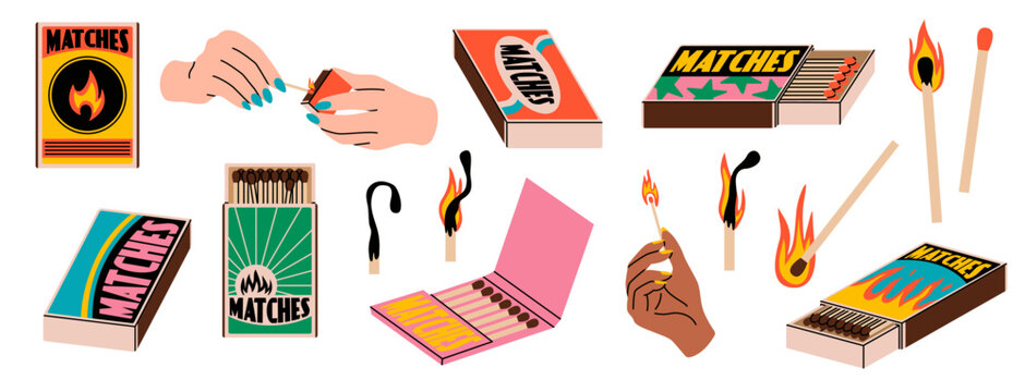 Cartoon flaming matches. Human hands light matchsticks, strike spark about box, packaging and labels, burning and extinct, contemporary elements for design, tidy vector cartoon flat set