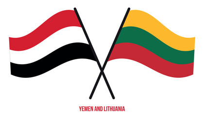 Yemen and Lithuania Flags Crossed And Waving Flat Style. Official Proportion. Correct Colors.