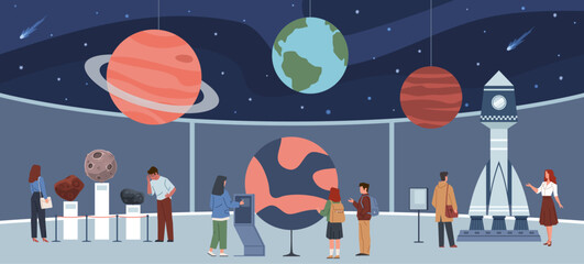Planetarium excursion. School children and students at astronomical museum looking at planets layouts, rocket, asteroids and planets models, astronomy learning nowaday vector cartoon flat set
