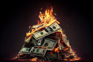 A burning pile of dollar bills symbolizing financial losses concept background, generative AI digital art. - 573333333