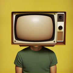 A man in t-shirt with TV set instead his head concept image, generative AI digital art.