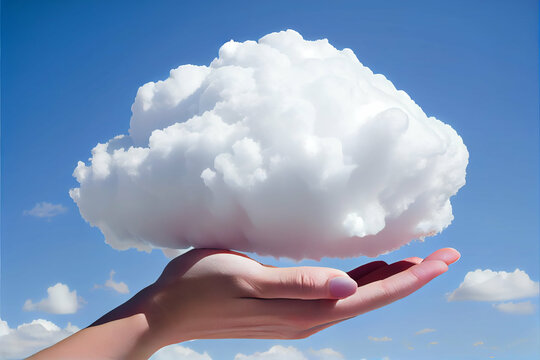 White cloud on the palm of a woman hand against blue sky concept background, generative AI digital art.