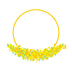 Fototapeta premium Beautiful yellow acacia flowers or inflorescences, leaves on a frame with golden line. Elegant floral decoration. Vector illustration