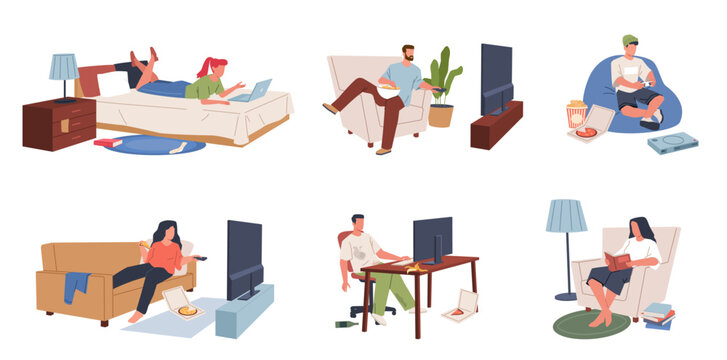 Sedentary lifestyle people. Lazy man and woman, sitting in armchairs, lying on sofas, eating in tv front, playing console, procrastination guy, relaxing girl nowaday vector cartoon flat set
