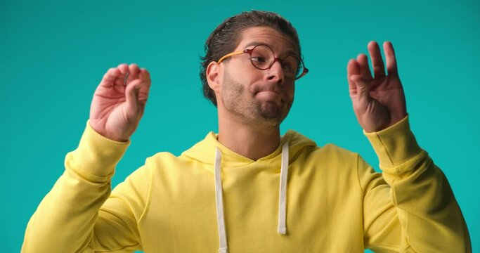 casual man gesturing with hands a long yapping speech and feeling bored