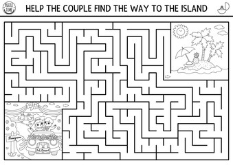 Wedding black and white maze for kids with bride and groom going to honeymoon. Marriage ceremony preschool printable activity with just married couple. Matrimonial labyrinth coloring page.