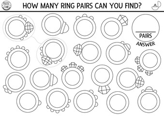 Find two same wedding rings. Marriage ceremony black and white matching activity for children. Educational coloring page worksheet for kids. Printable game with bride and groom.