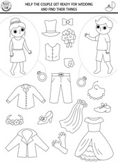 Marriage ceremony black and white matching activity with cute bride, groom and their clothes. Match the objects coloring page. Help the couple get ready for wedding and find their things.