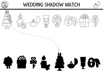 Wedding black and white shadow matching activity with cute bride, groom symbols. Marriage ceremony puzzle with cake, candle, ring, bouquet. Find correct silhouette printable coloring page for kids.