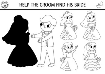 Wedding black and white shadow matching activity with bride and groom. Marriage ceremony puzzle with cute just married couple. Find correct silhouette printable worksheet or coloring page.