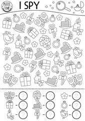 Wedding black and white I spy game for kids. Searching and counting activity with symbols. Marriage ceremony printable worksheet or coloring page. Simple spotting puzzle with bride, groom.