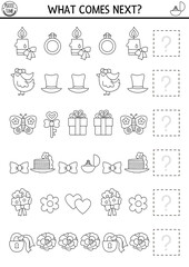 What comes next. Wedding black and white matching activity for preschool kids with traditional symbols. Funny Marriage line puzzle, logical coloring page. Continue the row game