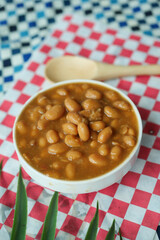 preserved soya beans in a bowl on table 