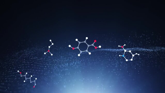 Looped blue science network with chemical hexagon bonds animation. Slow motion.