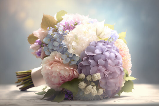 Beautiful pastel colours wedding bouquet with hydrangea and peony flowers. Generative AI