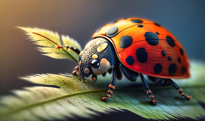 Fototapeta premium A ladybug crawling on a leaf, revealing its tiny spots and delicate legs