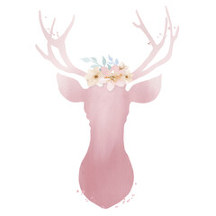 Deer Flower Watercolor Animal Leaf Spring Head Art isolated on white background