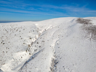 Aerial winter view of Balkan Mountains around Beklemeto pass, Bulgaria