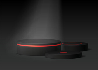 Stand show cosmetic product. Black and red realistic 3d cylinder pedestal podium on black backdrop. Abstract vector geometric platform for product display presentation.