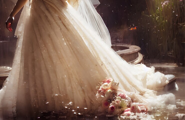 Illustration of an elegant wedding dress with roses; rose wedding