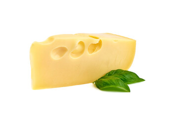 Maasdam cheese block, isolated on white background. High resolution image.