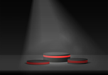 Product placement mockup 3d background with black and red podium for object display and cosmetic showcase realistic vector illustration