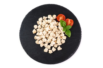 Homemade italian ravioli pasta with soy, isolated on white background.