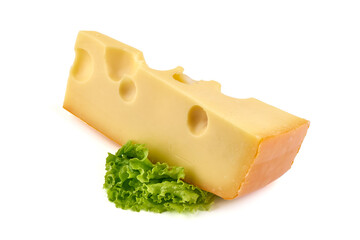 Maasdam cheese block, isolated on white background. High resolution image.