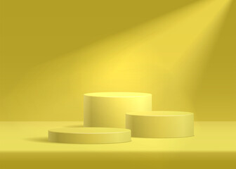 Yellow podium on yellow background with reflection and spotlight realistic 3D vector illustration. Three simple empty cylinder geometric pedestals for product presentation