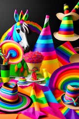Colorful Happy Cinco de Mayo party table with rainbow straw donkey and sombrero pinata against a black background - generative ai