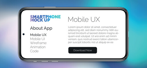 Horizontal smart phone mock up for infographics or UI design interface on blue abstract background. Vector 3d smartphone frame with web presentation interface screen mockup