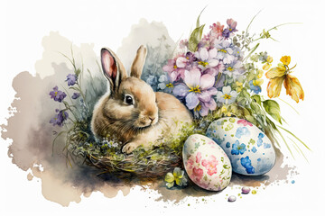 Easter Bunny in a basket nest with Easter eggs watercolor, Generative AI