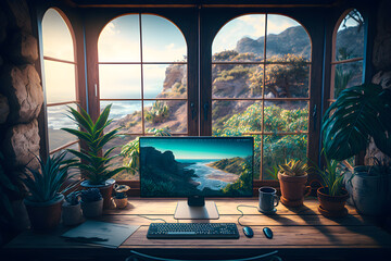 Workplace at the table with a gorgeous view from the window of the cottage villa on the exotic tropical beach cost and rocks. Generative AI.