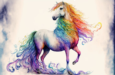 Naklejka na ściany i meble Arbian Horse rainbow colorful abstract watercolor, Generative AI