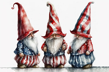 Three gnomes dressed in patriotic clothing watercolor, Generative AI