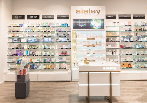 Douglas Perfume Shop in Akropolis, Lithuania, Vilnius. A Gorgeous Shot of the Interior of a High-End Shopping Mall