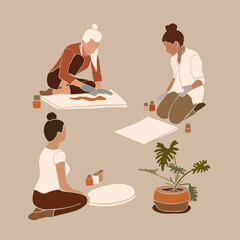 Abstract girls are busy creating art in the studio. Vector illustration