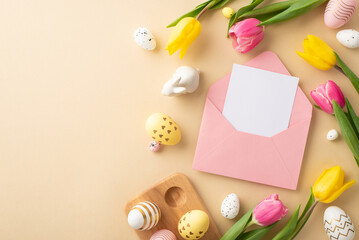 Easter concept. Top view photo of pink envelope with paper sheet colorful easter eggs ceramic easter bunny tulips and wooden egg holder on isolated pastel beige background with blank space
