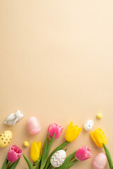 Easter decor concept. Top view vertical photo of colorful easter eggs ceramic easter bunny and tulips on isolated light beige background with blank space