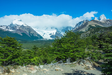 Naklejka na ściany i meble Panoramic view of Cerro Torre (Torre Mountain) from a viewpoint - El Chaltén, Argentina