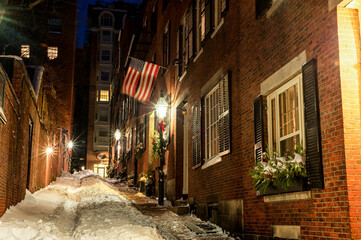 Beacon Hill Street in Boston. Long Exposure Night Photography. Acorn Street, Boston. Massachusetts,...