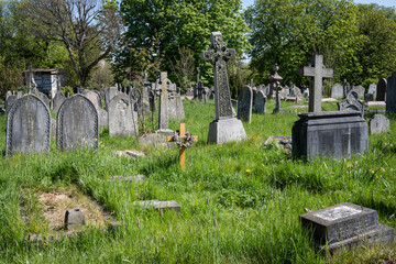 Gravestones in an overgrown London graveyard - obrazy, fototapety, plakaty