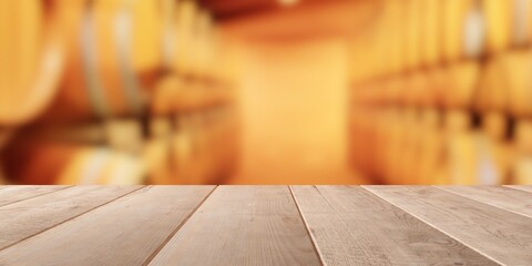 Empty wooden table top with out of focus wine cellar background with wooden wine barrels