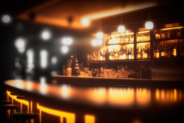 bar counter blurred dark background, background for menu and special offers. Generative AI - obrazy, fototapety, plakaty