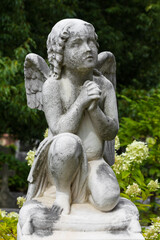 Vertical shot of praying cherub angel in a cemetery