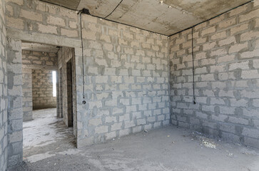 Construction of an individual residential building, view of the interior partition with a doorway