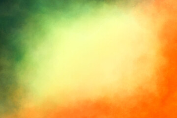 Colorful watercolor background of abstract sunset sky with paint blotches and soft blurred texture in blue green yellow beige and orange border in gradient paint colors